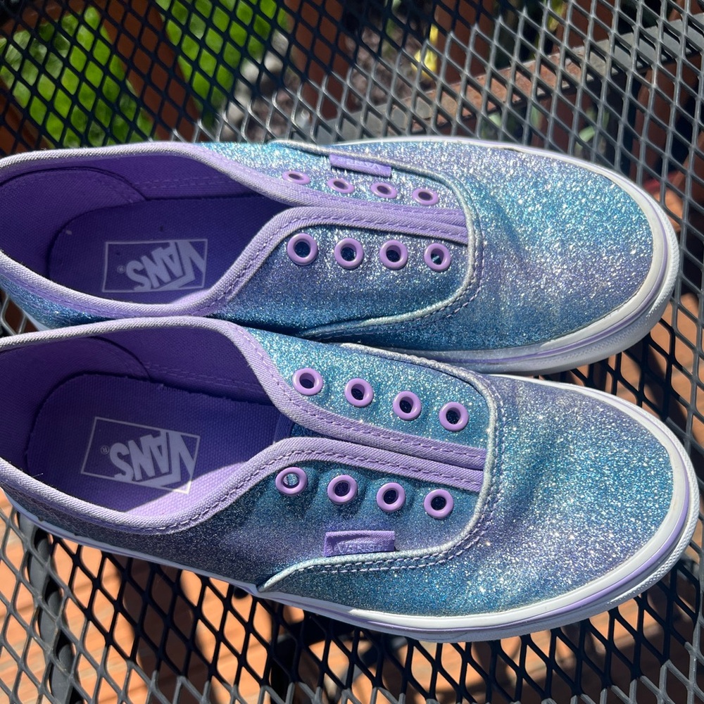 Vans Kids’ Ombré Authentic Blue and Purple Glitter Sneakers (no shoelaces) - Picture 2 of 8